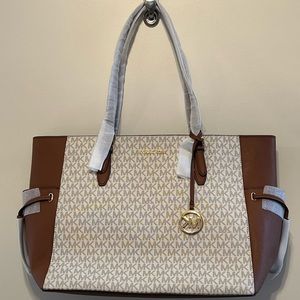 Genuine Michael Kors Gilly Vegan Leather Drawstring Vanilla Travel Tote